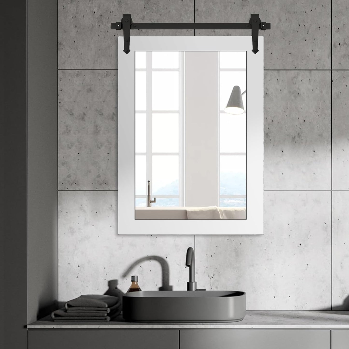 Bathroom Mirror for Over Sink 26”x40” Farmhouse Barn Door Mirror Rustic Wood Framed Wall Mirror for Bathroom, Bedroom, Entryway (Bright White)