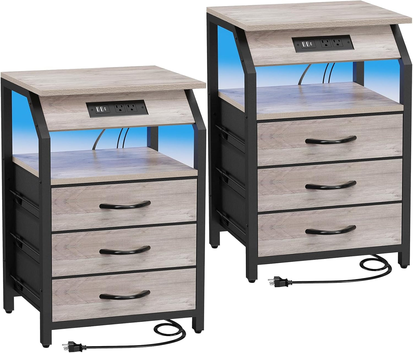 Night Stand Set of 2, Nightstands with Charger Station and LED Lights, End Tables Set with 3 Fabric Drawers, Storage Side Tables for Bedside, Living Room, Greige