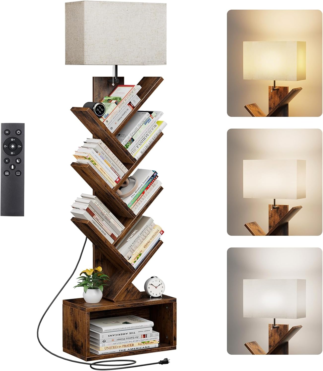 6 Tier Tree Bookshelf with Smart Light, Small Bookcase Tower with Remote Control, Tall Floor Standing Book Organizer for Living Room, Bedroom & Home Office, Rustic Brown