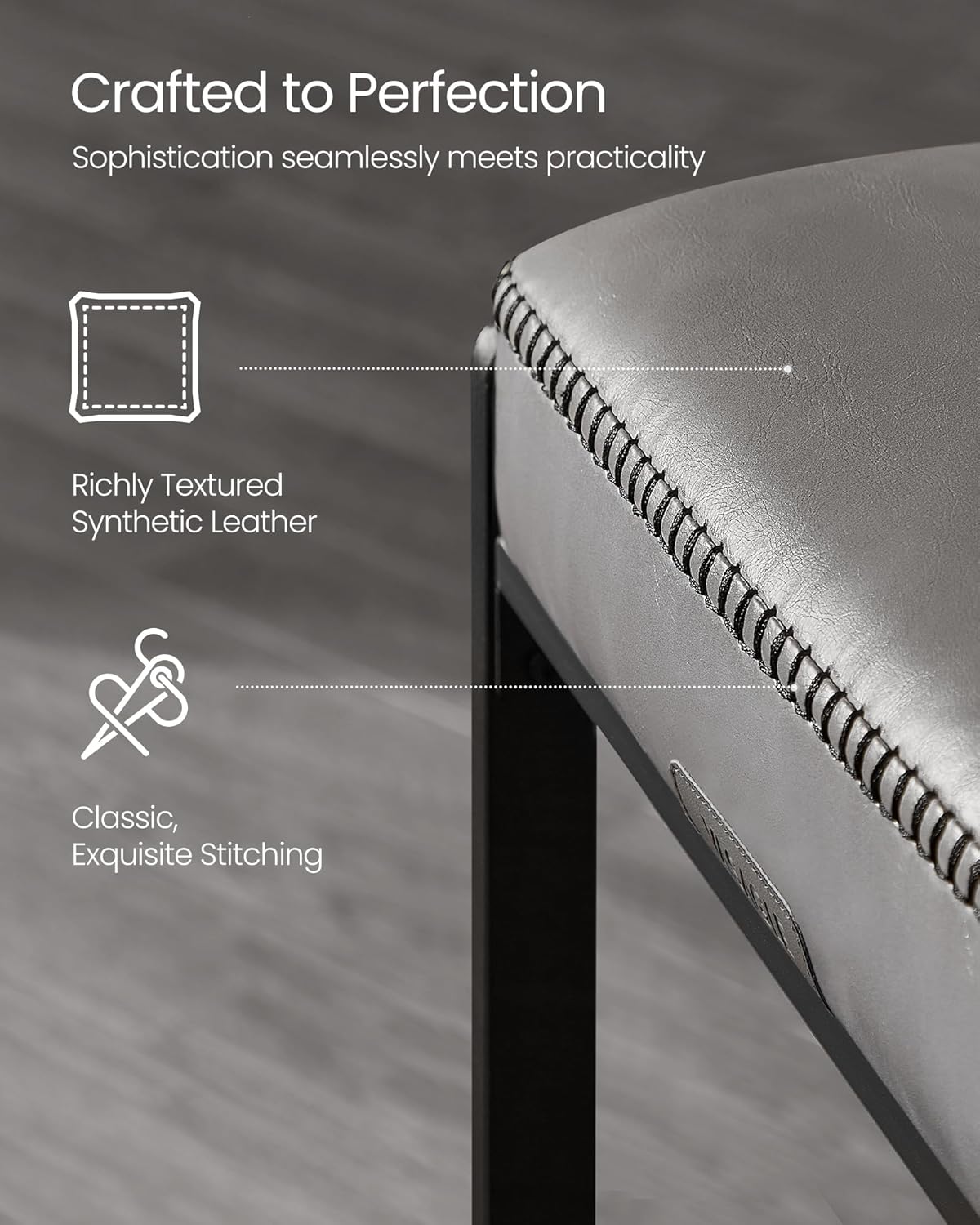 VASAGLE EKHO Collection - Bar Stools Set of 2, Counter Height Bar Stools, Synthetic Leather with Stitching, Mid-Century Modern Counter Stools, 26-Inch Tall, Kichen Home Bar Dining Room, Dove Gray