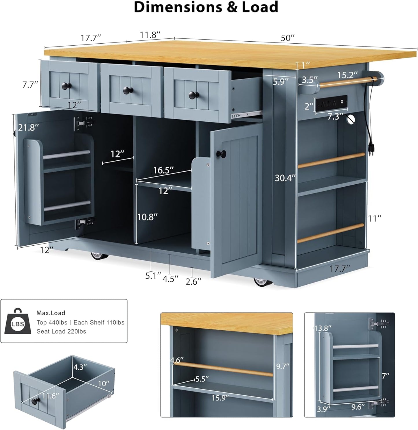 YOTPO 53" Large Kitchen Island with Drop Leaf,Power Outlet & Door Internal Storage Rack,Rolling Kitchen Cart on 5 Wheels W/ 5 Open Side Racks for Kitchen,Dining Room,Grey Blue(Not Include bar stools)