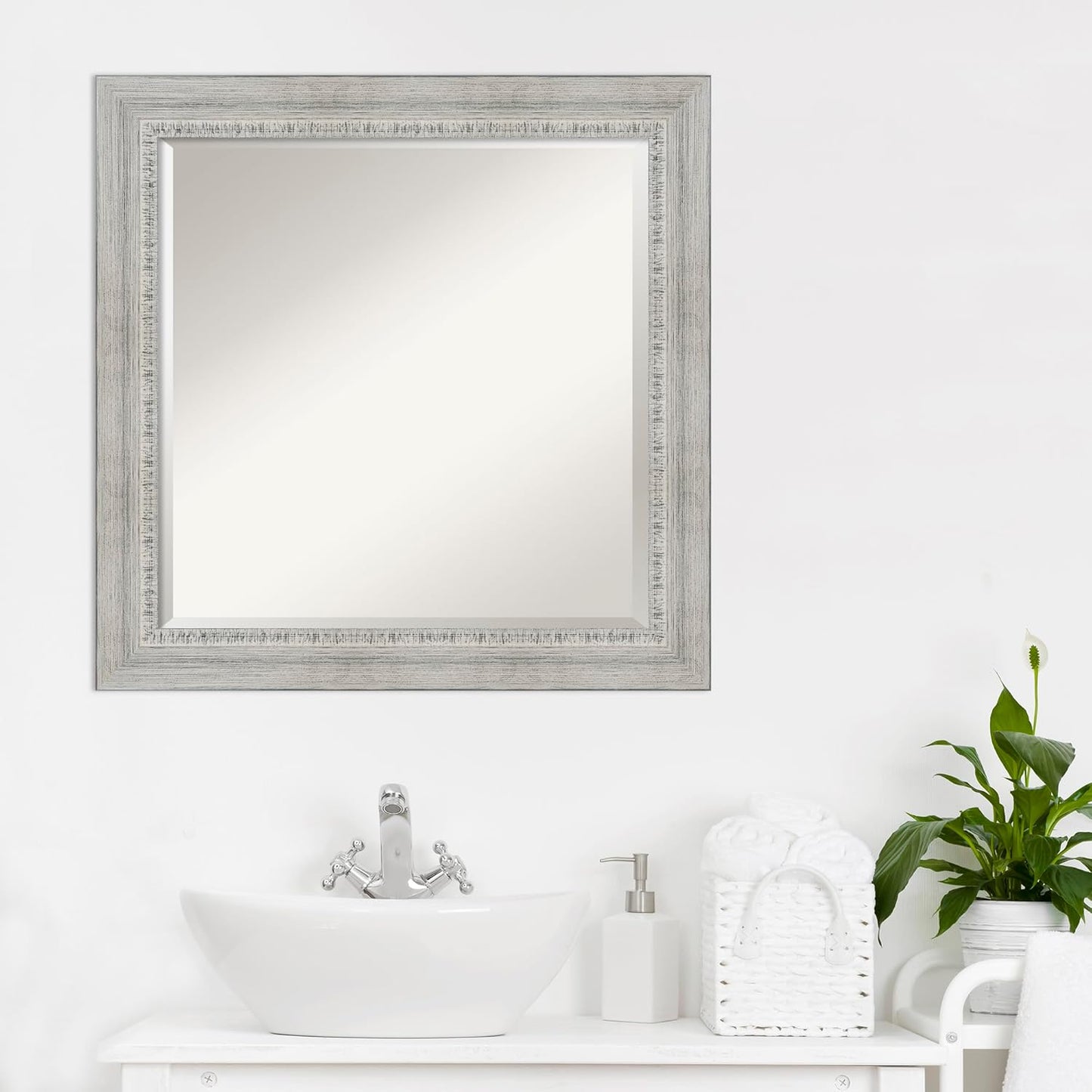Amanti Art White Bathroom Mirror for Over Sink, 25x25 Rustic White Wash Square Vanity Mirror, Medium Rustic Farmhouse Wood Frame, Hangs Horizonally and Vertically, Bathroom Wall Decor, Beveled Edge