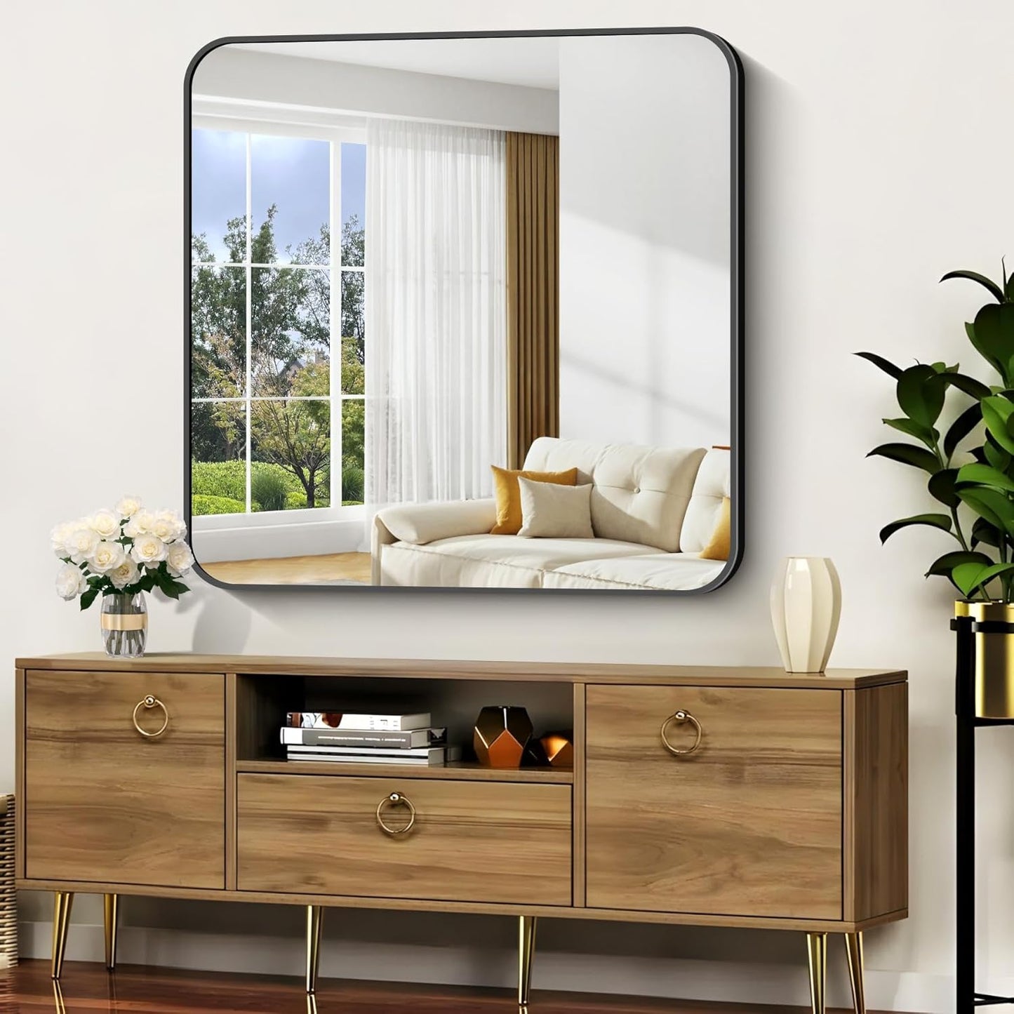 Bathroom Mirror, 42x42 inch Black Square Wall Mirror, Rounded Corner Aluminum Metal Frame Vanity Mirror, Large Wall Mounted Mirrors for Over Sink Bedroom Living Room Entryway
