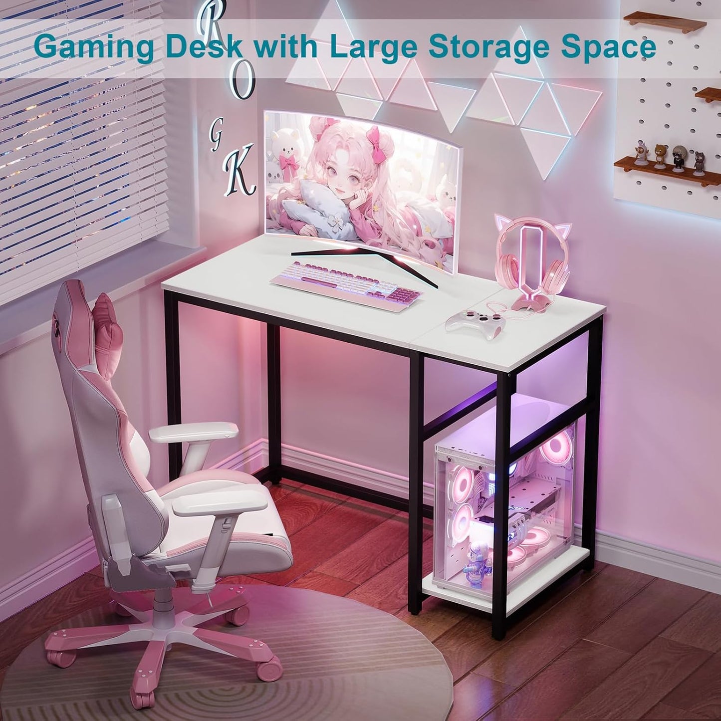 SINPAID Computer Desk 47 inches with 2-Tier Shelves Sturdy Home Office Desk with Large Storage Space Modern Gaming Desk Study Writing Laptop Table, White Desk