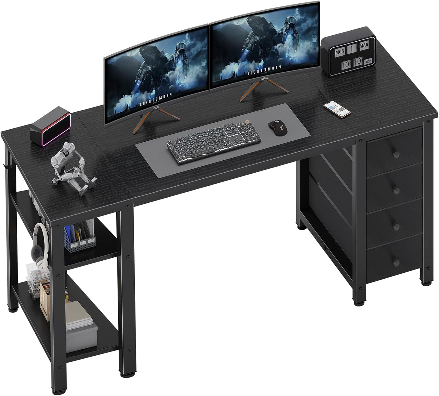 Lufeiya Gaming Desk with 4 Fabric Drawers & Storage Shelves, 55 inch Computer Writing Work Study Desk for Home Office Bedroom, Modern Simple Student PC Desks Table, Black