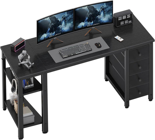 Lufeiya Gaming Desk with 4 Fabric Drawers & Storage Shelves, 55 inch Computer Writing Work Study Desk for Home Office Bedroom, Modern Simple Student PC Desks Table, Black
