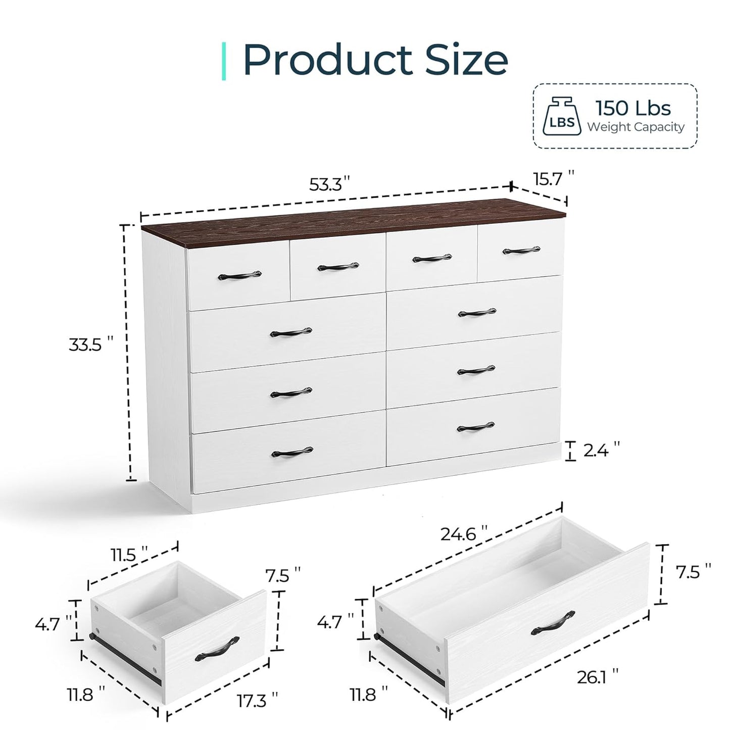 LINSY HOME 10 Drawer Dresser for Bedroom, 54" Wide Chest of Drawers, Modern TV Stand Dressers with Wood Frame and Metal Handles, Large Drawer Organizer for Bedroom, Living Room, White