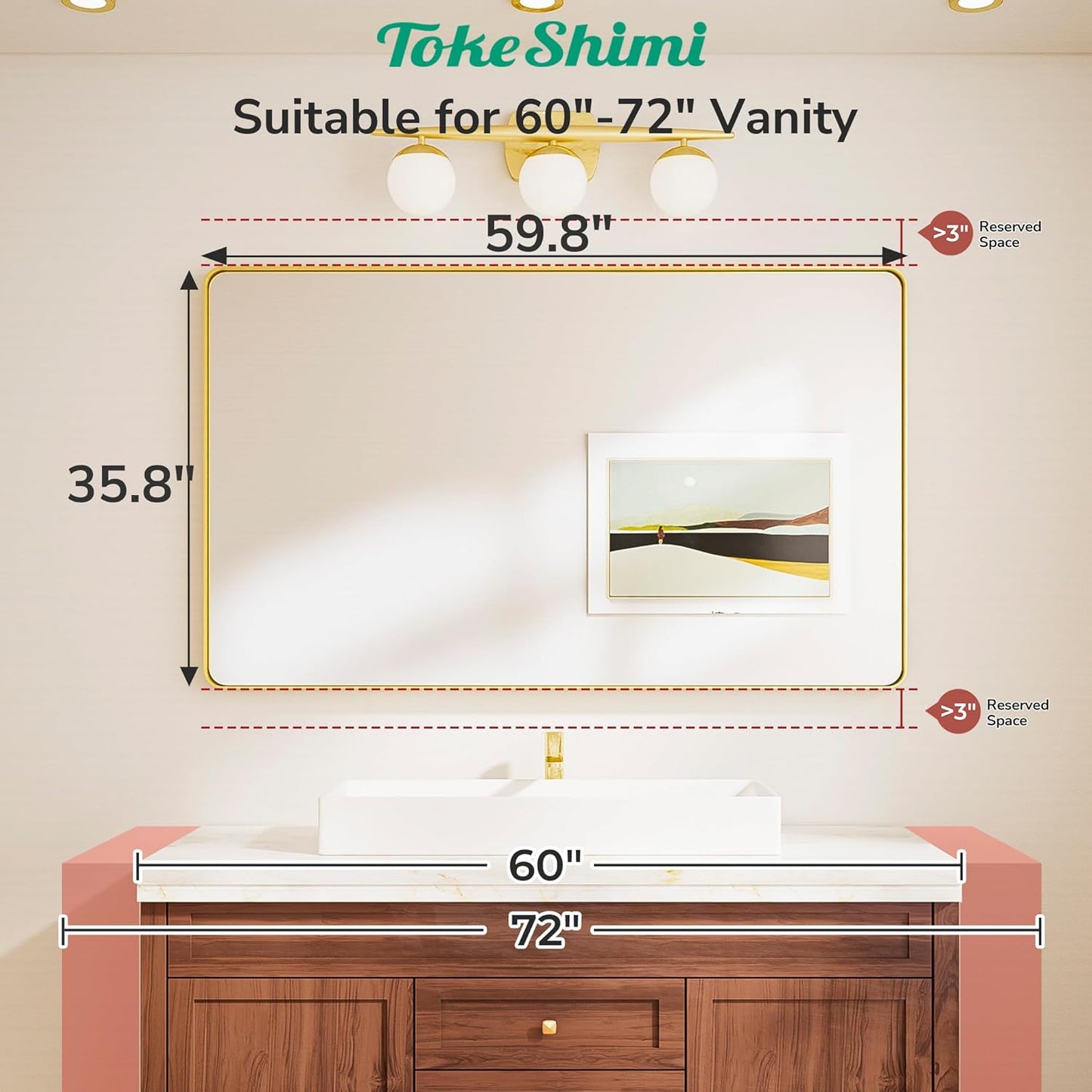 TokeShimi Black Vanity Mirror 60x36,Bathroom Mirror Framed Seamless,Tempered Glass,Rectangle Mirror for Bathroom,Shatterproof Bathroom Wall Mirror(Horizontal/Vertical)