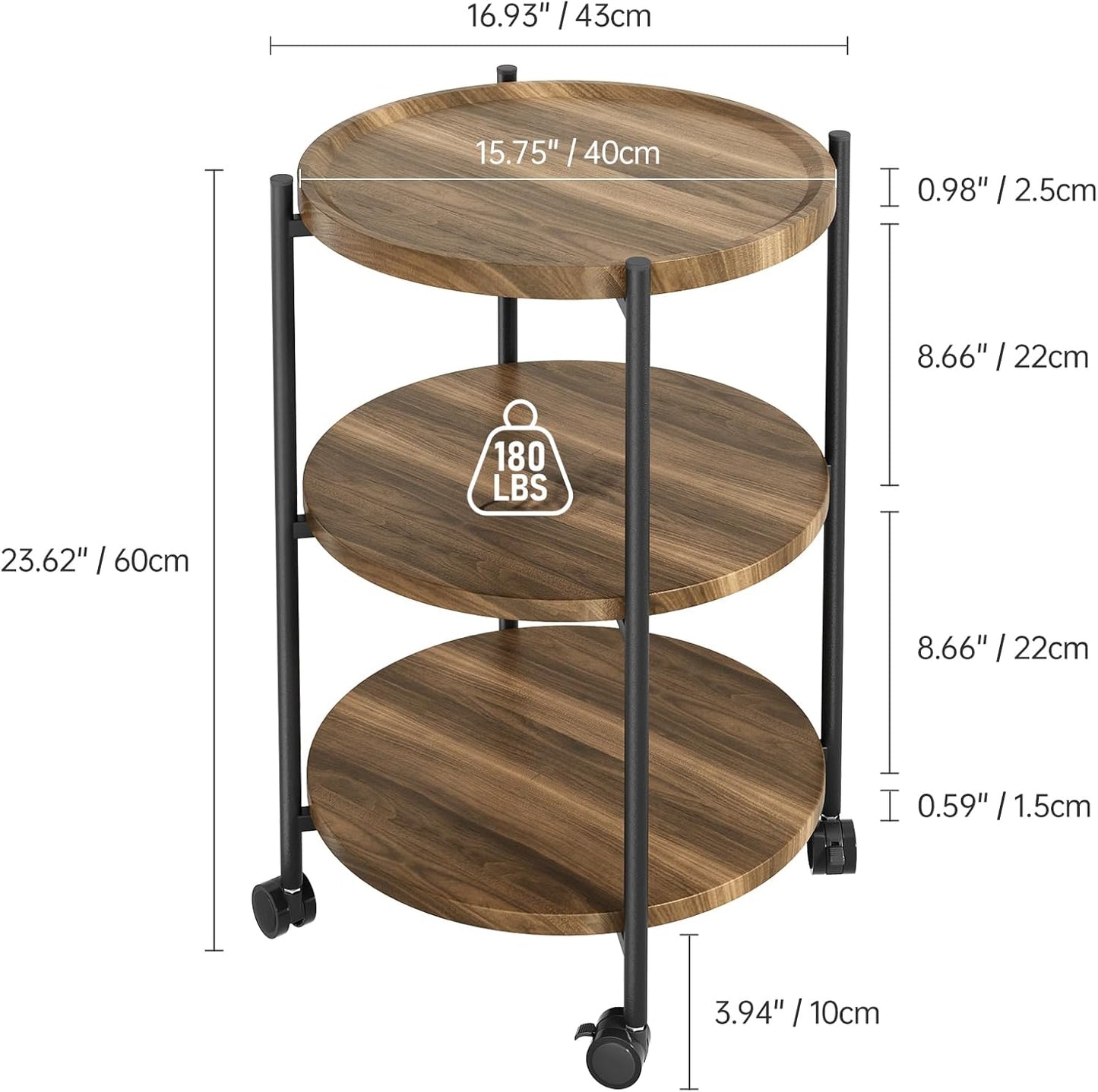 Side Table, 3-Tier Modern End Table with Wheels, Small Round Nightstand Bedside Table for Living Room, Bedroom, or Small Spaces-Walnut