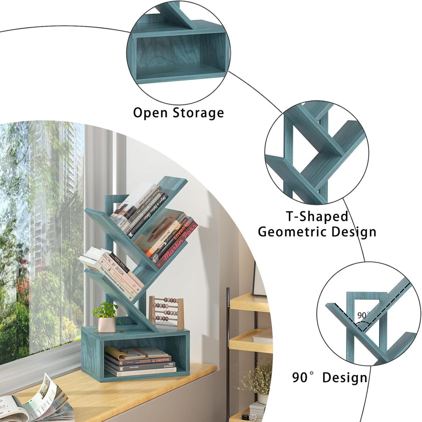 Small Tree Book Shelf,5 Tier Black Tree Bookshelf,Blue Desktop Bookcase,Modern Desk Display Storage Bookshelves,Floor Standing Organizer Bookcases for Living Room,Bedroom,Office-Blue