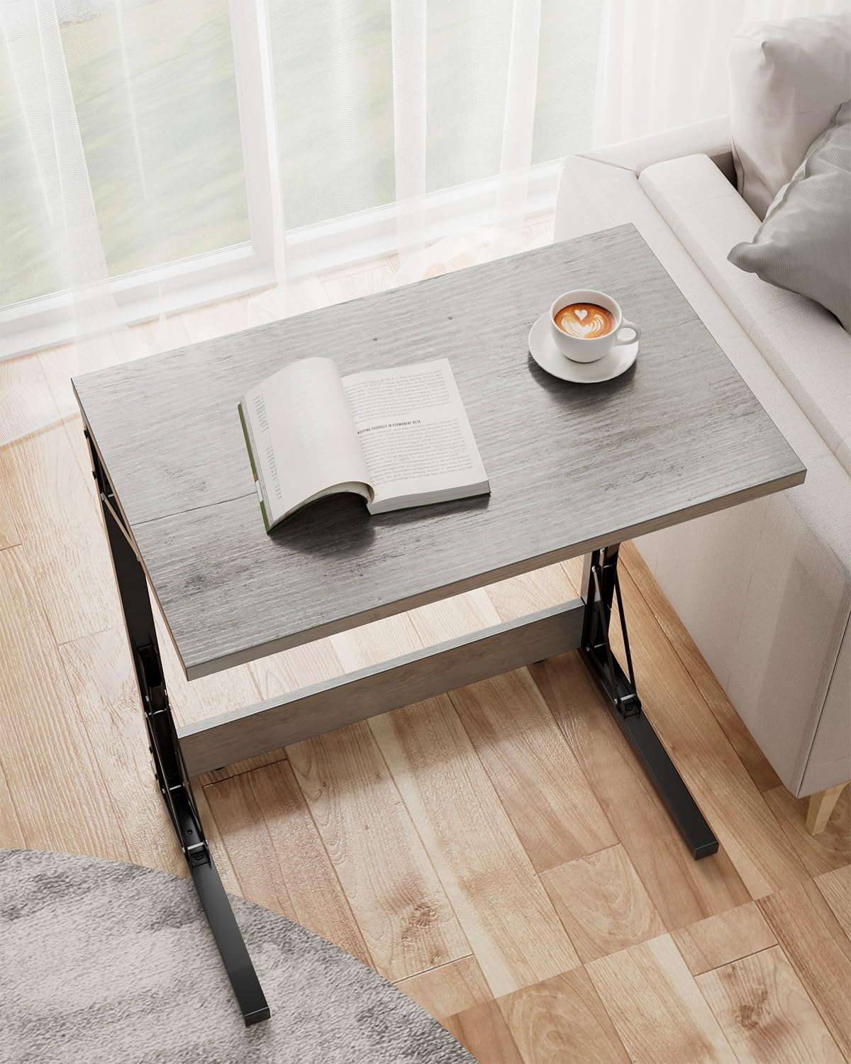 Tatub 24" Wide Folding C-Shaped End Table, Small Side Desk for Couch, Sofa TV Tray Table with Metal Frame for Living Room, Bedroom, Ivory White