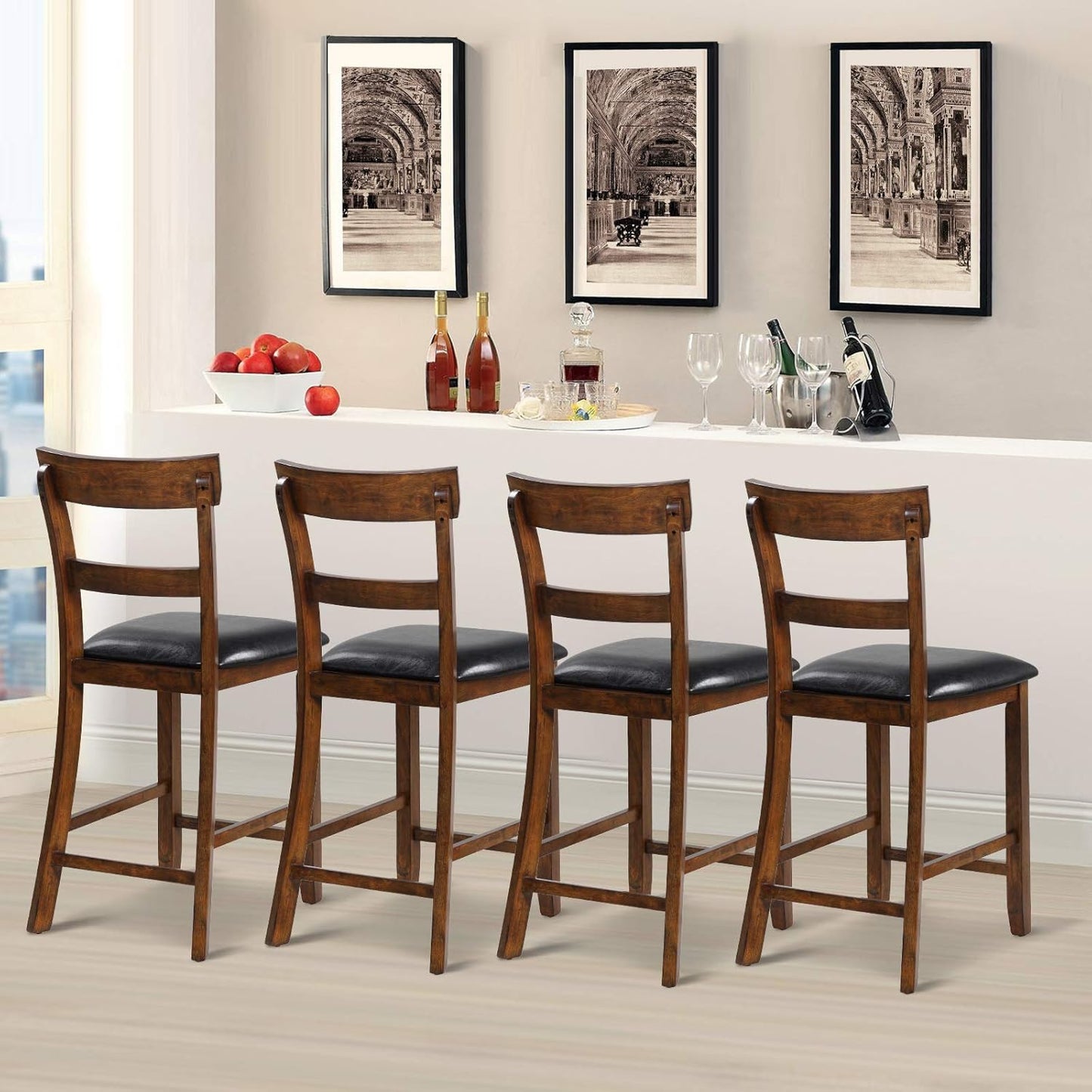 COSTWAY Barstools Set of 4, 25.5-Inch Counter Height Chair with Backrest, Foam-Padded Cushion, Rubber Wood Legs, Wooden Vintage Dining Chair for Bistro, Living Room, Kitchen, Brown and Black