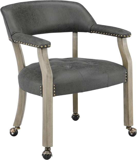 LEEMTORIG Large Dining Chairs with Casters and Arms, Rolling Dining Chairs with Wheels, Wood Boss Caption's Chairs, 26" D x 25.2" W x 31.5" H, Grey Legs & Dark Grey Fabric SY-1318-GY