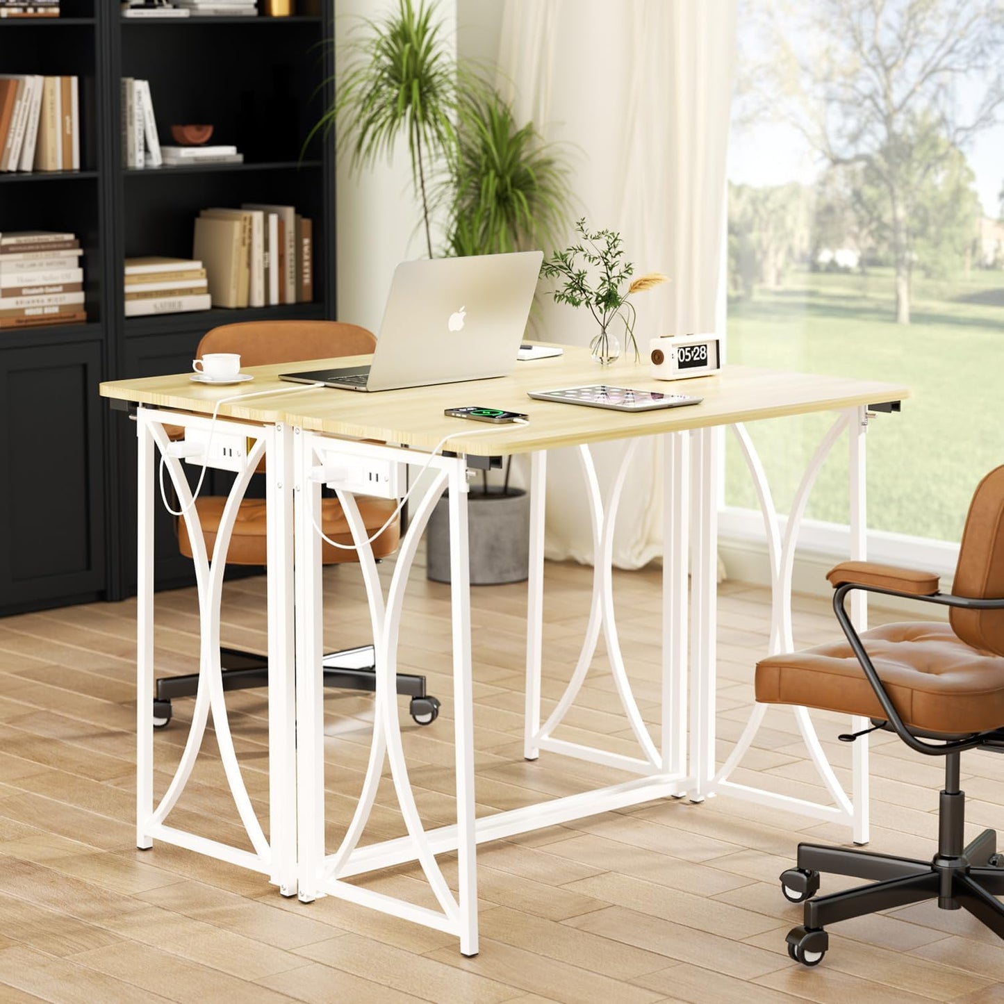 Mini Desk, 31.5" Small Desk for Bedroom with Power Outlet, Foldable Desks for Small Spaces & Home Office, Easy Assembly, Beige Floor Patten