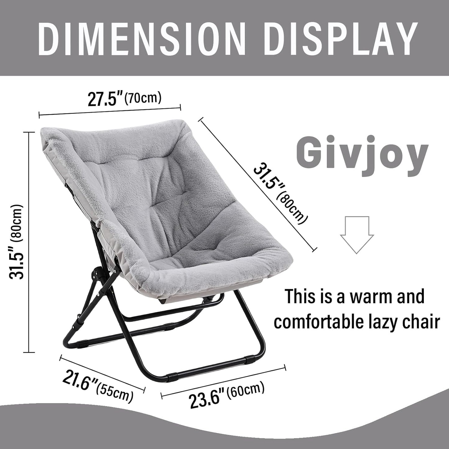 Comfy Folded Chair, Soft Faux Fur Oversized Folding Accent Chair, Flexible Lounge Lazy Chair for Adults Kids, Metal Frame Moon Chair for Dorm Room, Bedroom, Living Room