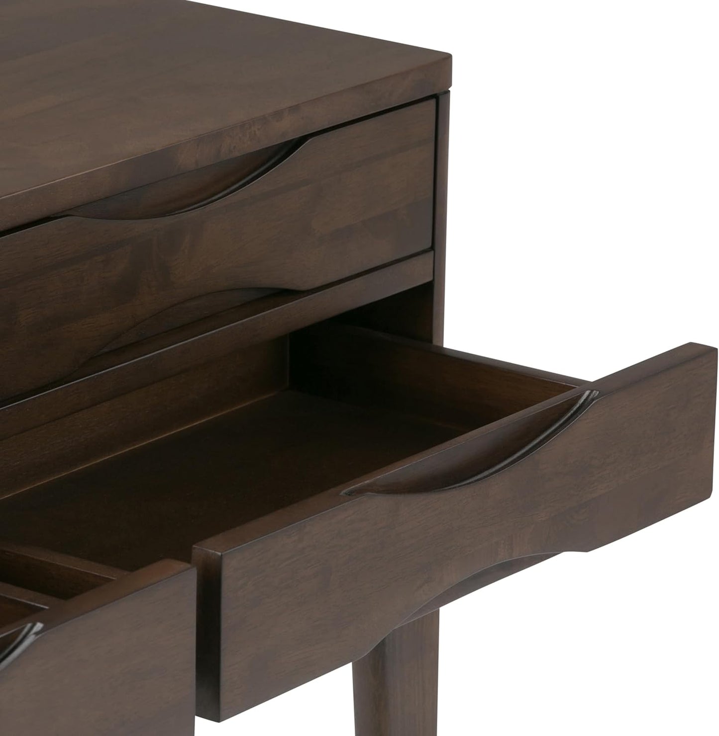 SIMPLIHOME Harper Console Table - 40 Inch Wide Solid Hardwood Sofa Table in Walnut Brown, Mid-Century Modern Storage Table for Entryway or Living Room with 4 Drawers, Notched Handles, and Tapered Legs