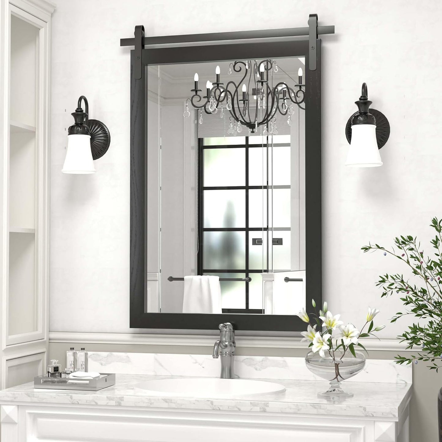 Black Farmhouse Mirror - 24x36INCH Wood Framed Square Bathroom Mirror for Vanity, Barn Door Style Wall Mounted Dresser Decor Living Room Bedroom Vertical