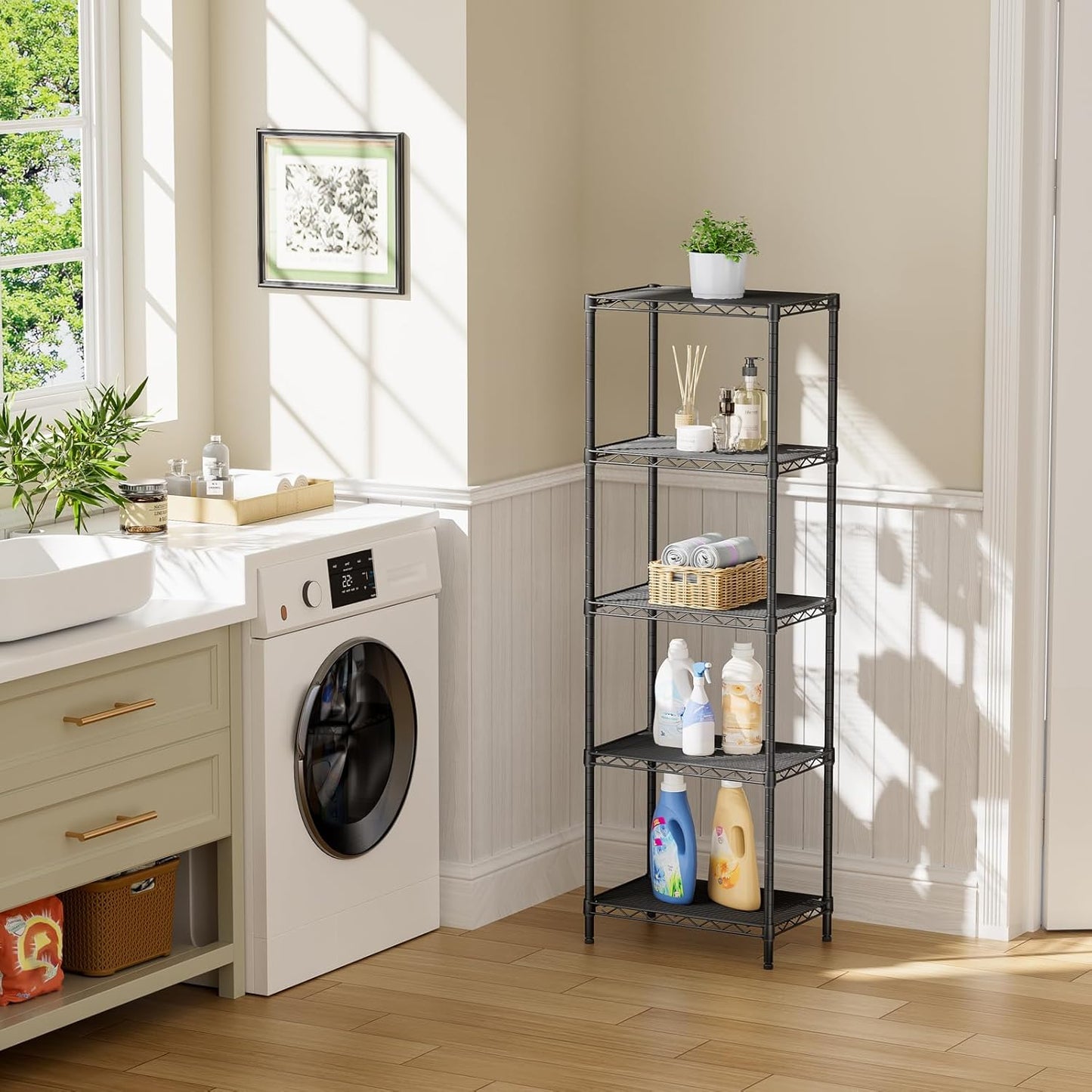 SINGAYE 5 Tier Shelf Wire Shelving Adjustable Storage Shelves Rack Standing Units for Kitchen Closet Laundry Bathroom Organizers Metal Pantry Narrow Mesh Gaps 10" D x 16" W x 55" H Black