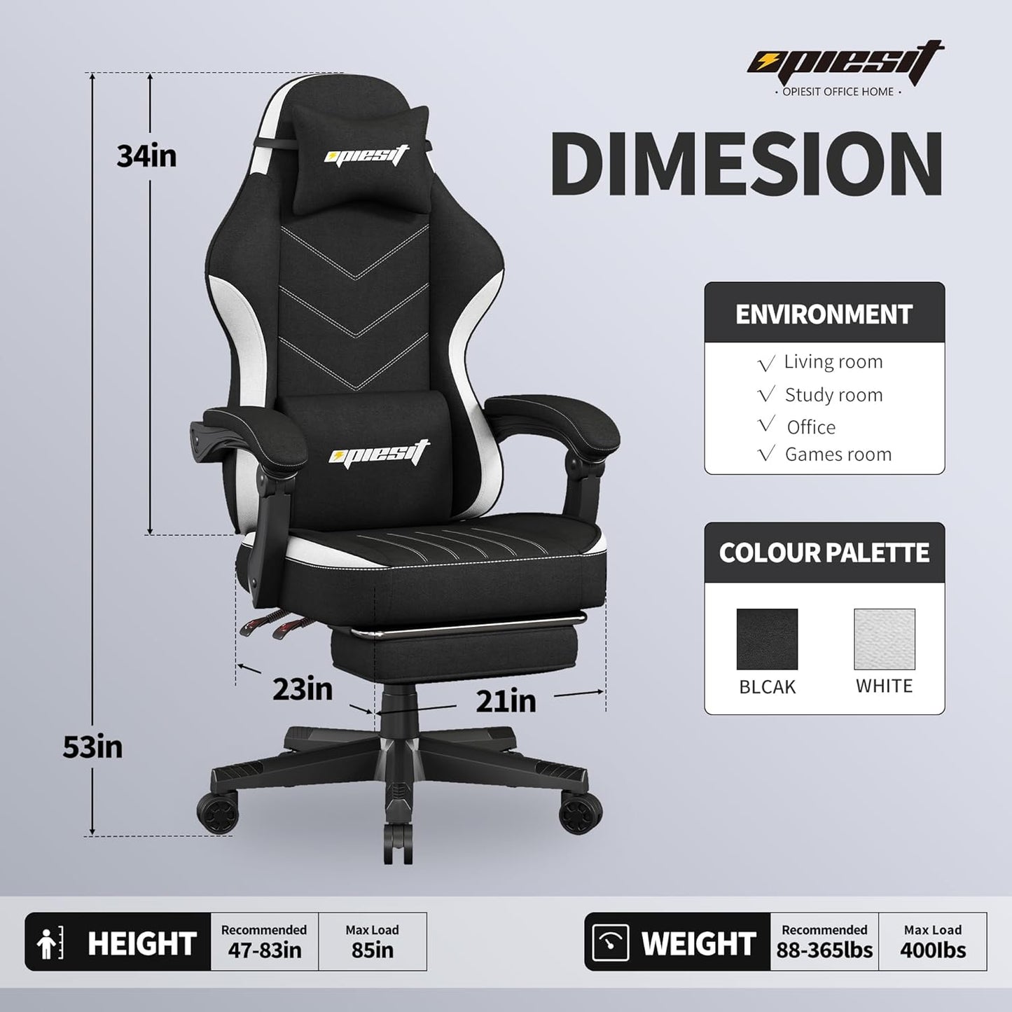 Gaming Chair,Fabric Computer Chair with Pocket Spring Cushion,400 lb Load Capacity,Ergonomic Office Chair with Footrest,Height Adjustable Video Gamer Chair with Lumbar Support(Black)