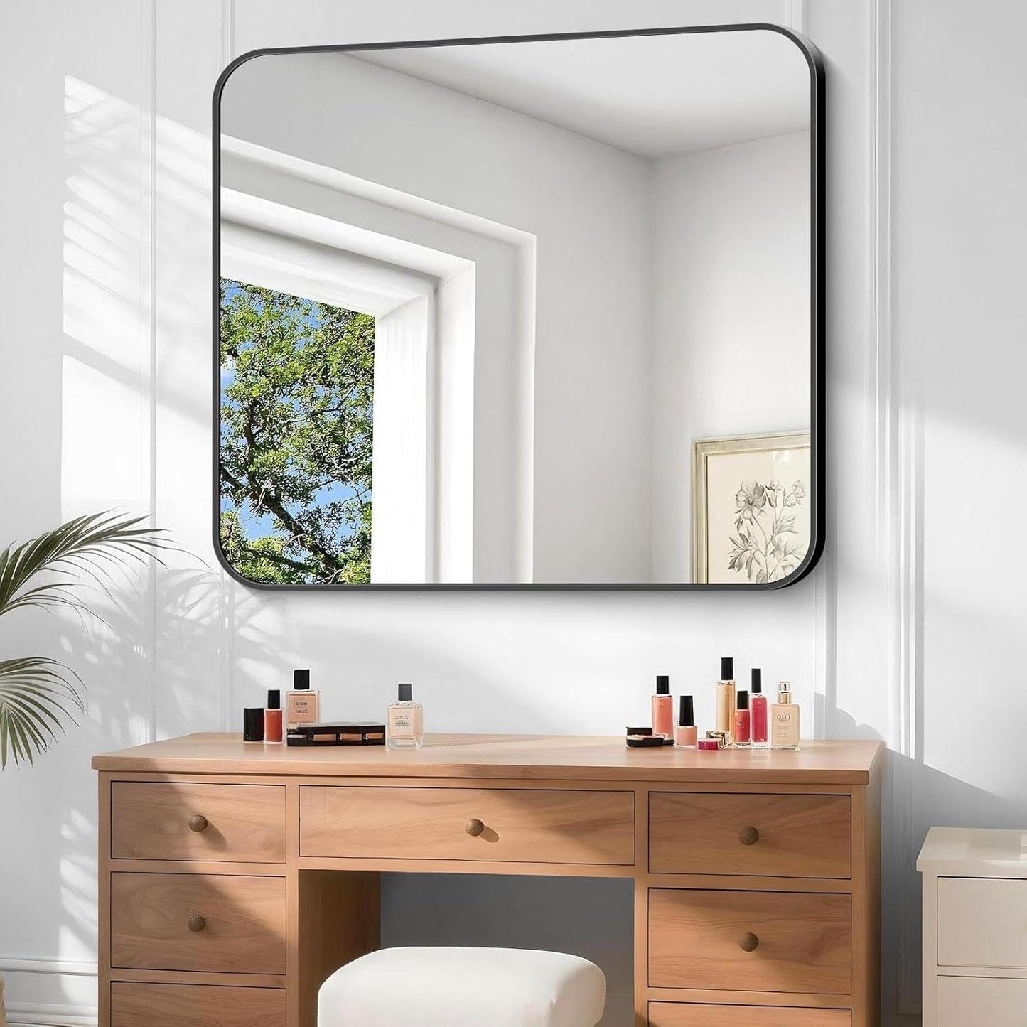 Bathroom Mirror, 48 x 40 inch Black Rectangle Wall Mirror, Metal Frame Rectangular Vanity Mirror, Rounded Corner Wall Mounted Mirror for Modern Bedroom Living Room Hangs Horizontal/Vertical