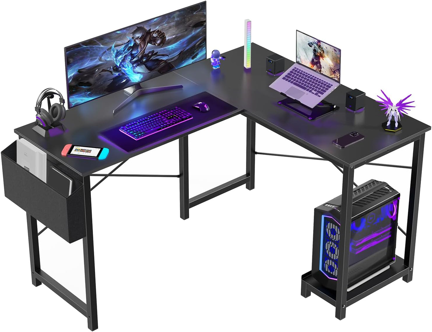 Sweetcrispy L Shaped Desk - Computer Desk Corner Desks Gaming Desk PC Table with CPU Stand Side Bag for Home Office Dorm Sturdy Writing Workstation, Black, 50-Inch