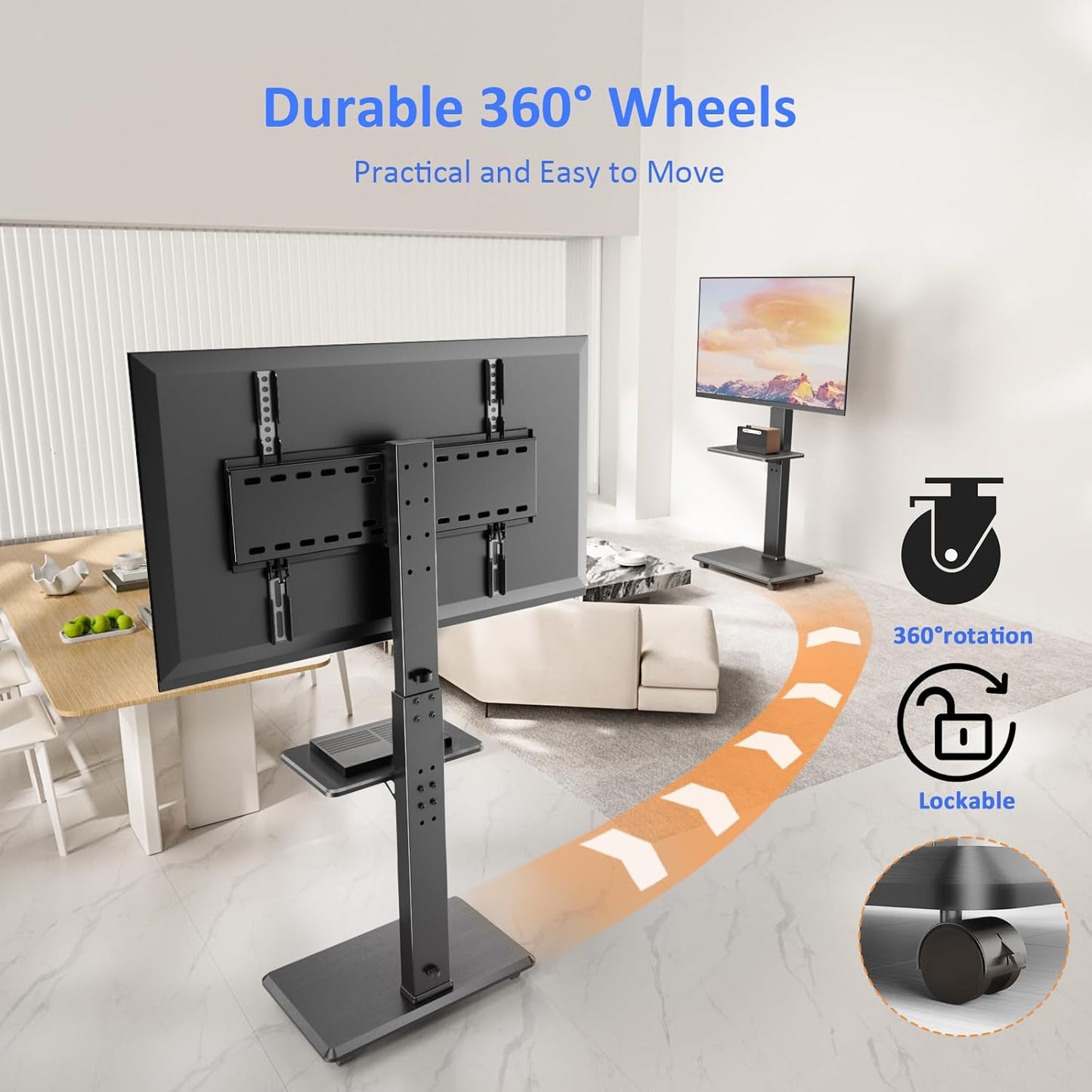 Rolling TV Stand, Mobile TV Cart for 32-75 Inch TVs up to 110 lbs, 18 Adjustable Heights, TV Floor Stand with Swivel Mount & Shelf, Max VESA 600x400mm, TV Stand on Wheels for Bedroom, Office, Outdoor