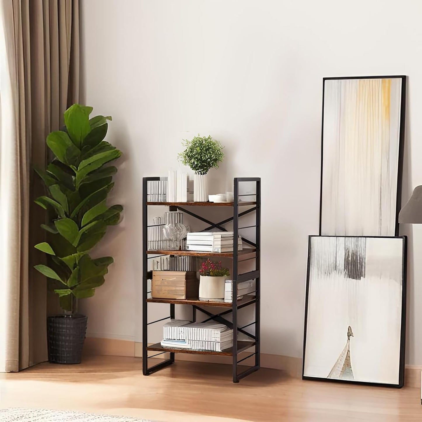 4 Shelf Bookshelf,Metal＆Wood Short Book Shelf,Small Bookcase for Small Spaces Bedroom Office Kitchen Living Room (Black,11.2"x 16.4"x 31.9")