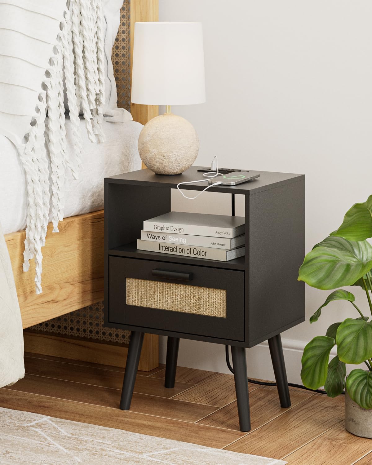 Bedroom Nightstands Wooden Night Stands with Rattan Weaving Drawer Home Bedside End Table for Bedroom Storage (Modern-Black)