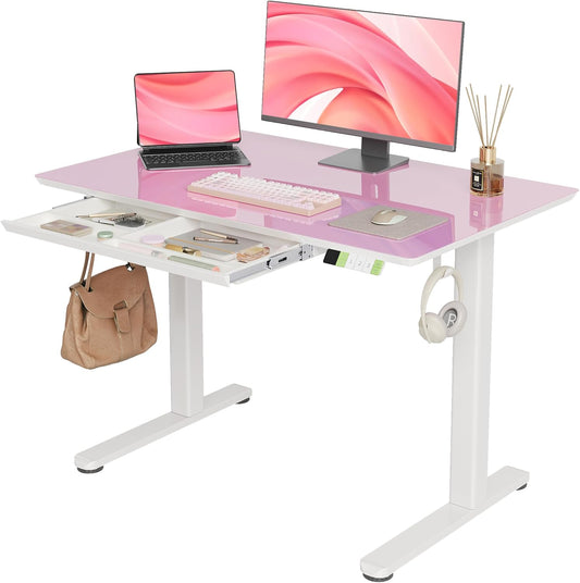 INNOVAR Glass Standing Desk with Drawers, Adjustable Height Electric Stand Up Desk, Small Standing Desks with Storage, 40 inch, Morandi Powder