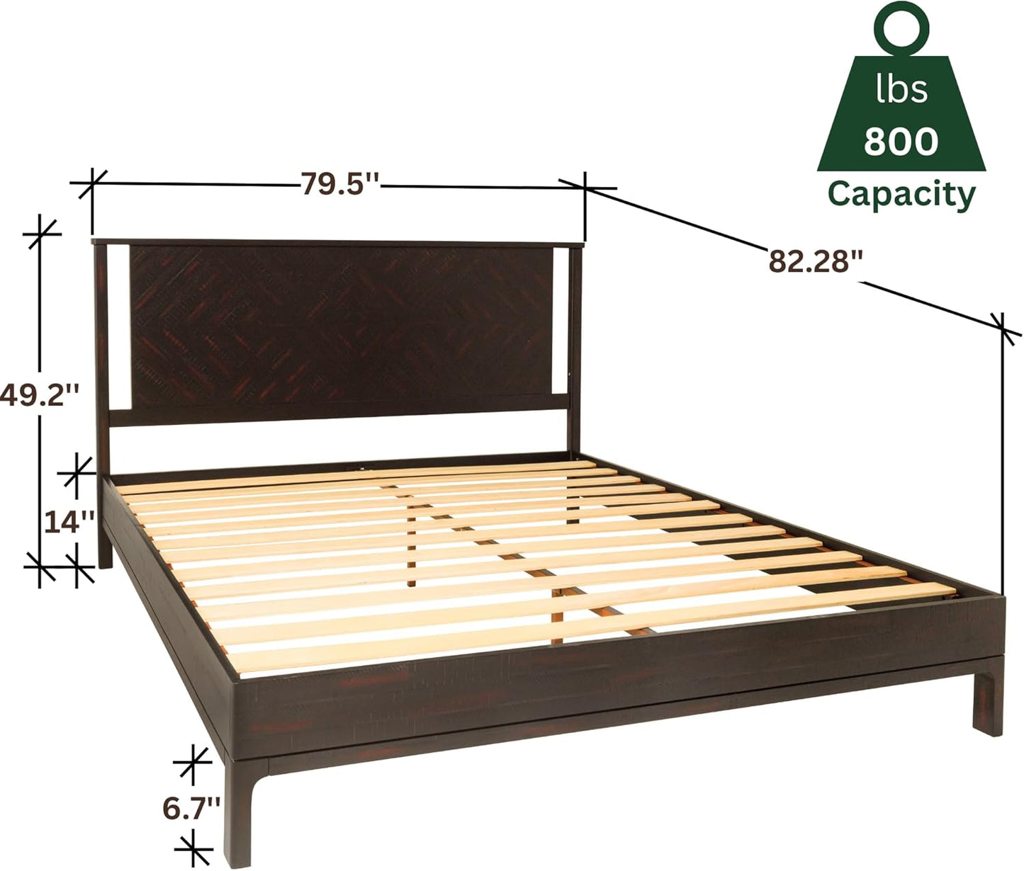 Bme Ethan King Size Bed Frame with Diamond Headboard, Rustic Mid-Century Modern, Solid Acacia Wood, No Box Spring Needed, Slat Support, Rustic Black