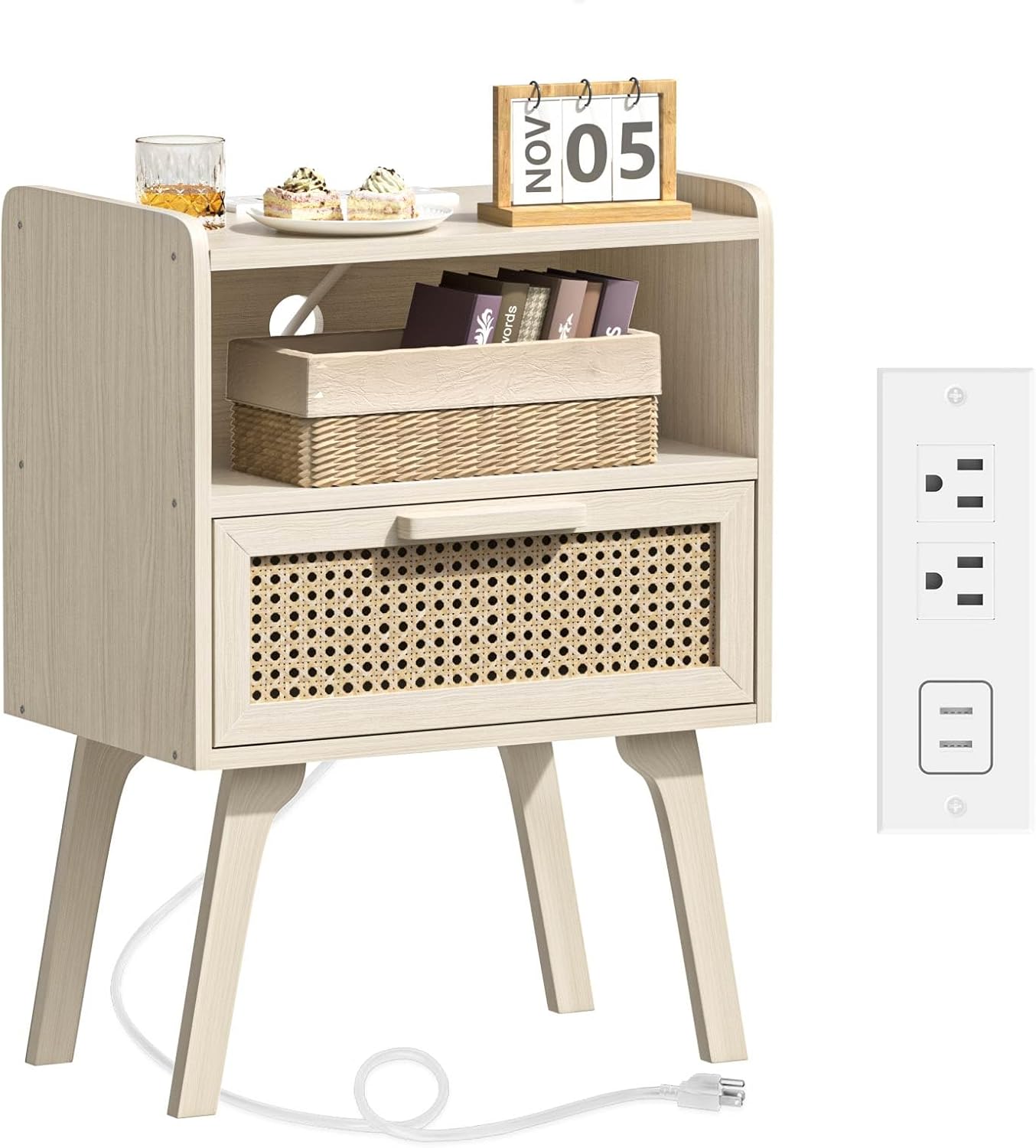 Lerliuo Rattan Nightstand with Charging Station, Side Table with Drawer Open Shelf, Cane Accent Bedside End Table with Solid Wood Legs, Night Stand for Bedroom, Dorm and Small Spaces (Grey White)