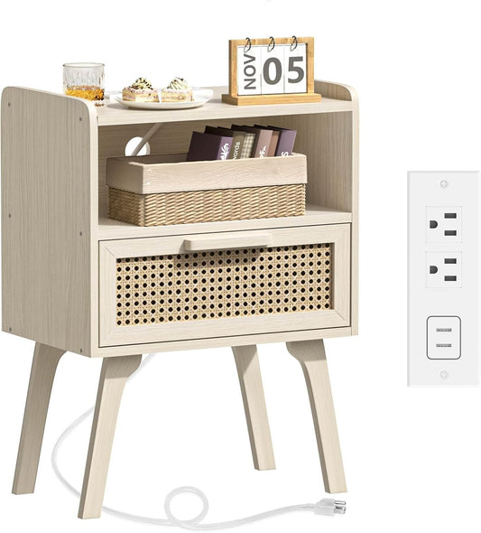 Lerliuo Rattan Nightstand with Charging Station, Side Table with Drawer Open Shelf, Cane Accent Bedside End Table with Solid Wood Legs, Night Stand for Bedroom, Dorm and Small Spaces (Grey White)