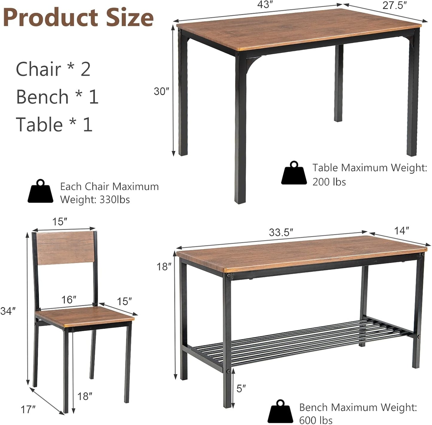 Tangkula Dining Table Set for 4, Kitchen Table and 2 Chairs for 4 with Bench, 4 Piece Dining Table Set for Small Space, Apartment