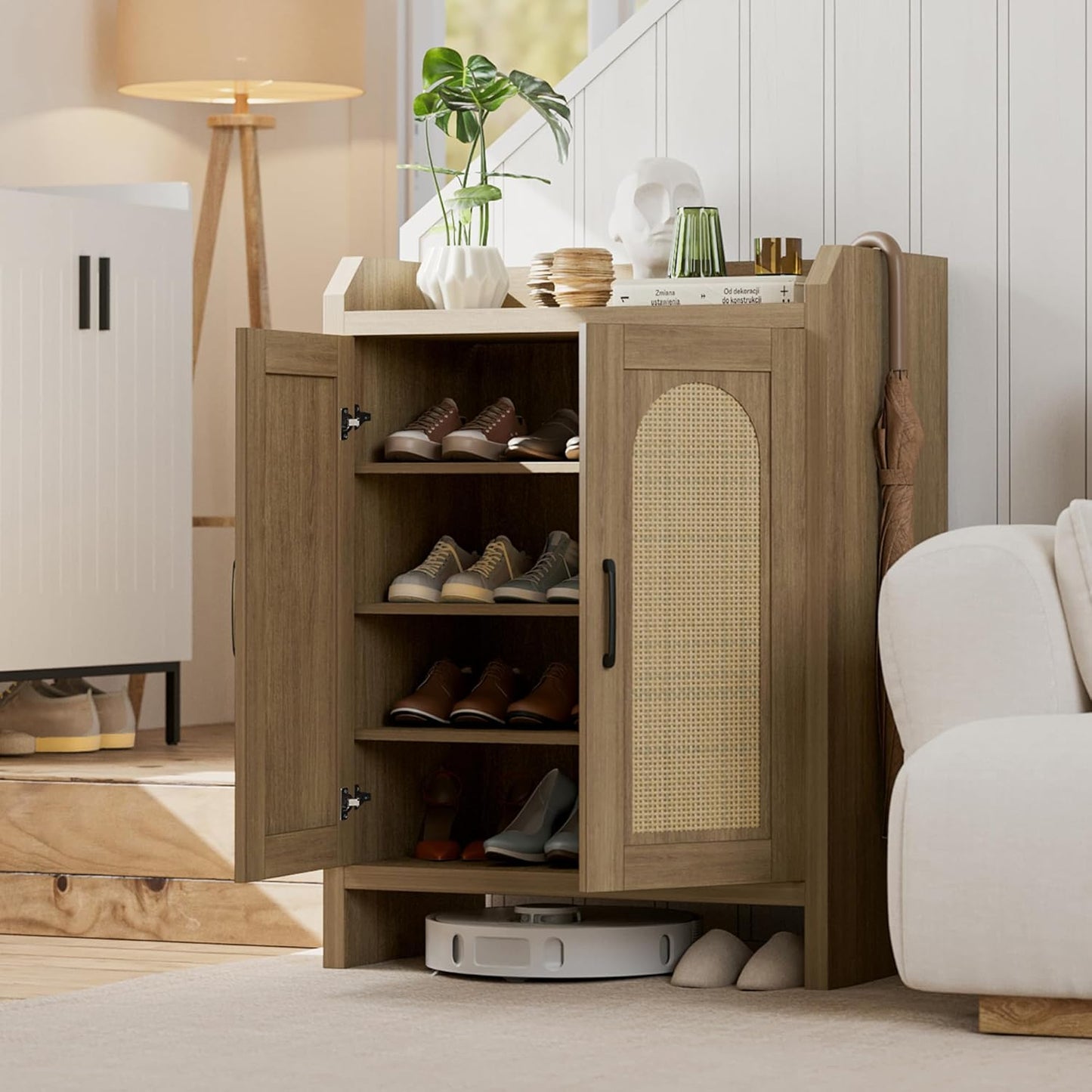 Shoe Cabinet Storage for Entryway, Rattan Storage Cabinet, Wooden Shoe Rack with Doors, Farmhouse Boho Wood Shoe Organizer Cabinet for Hallway (Oak)