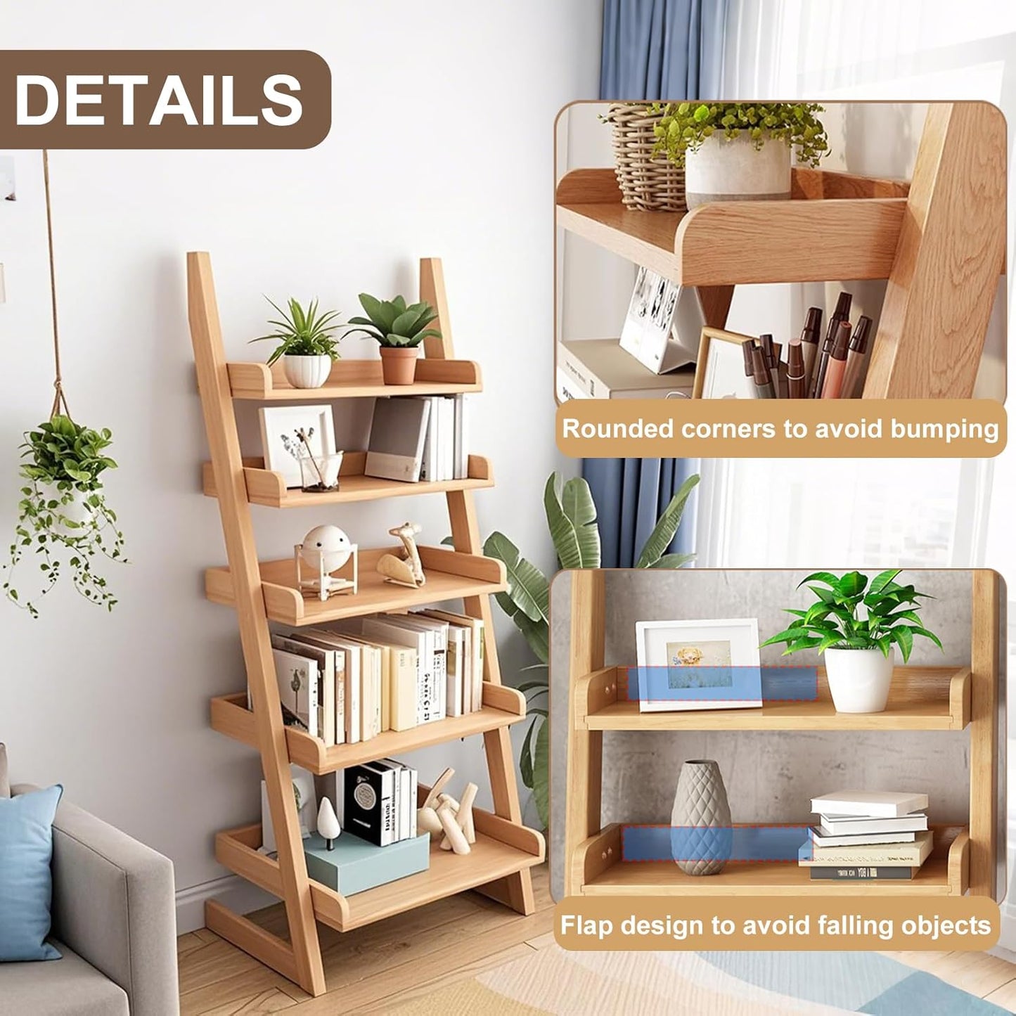 5-Tier Ladder Bookshelf, H 55" Leaning Bookshelf Storage Rack Organizer, Wooden Ladder Shelf Bookcase for Living Room, Home Office and Bedroom, Wood Color
