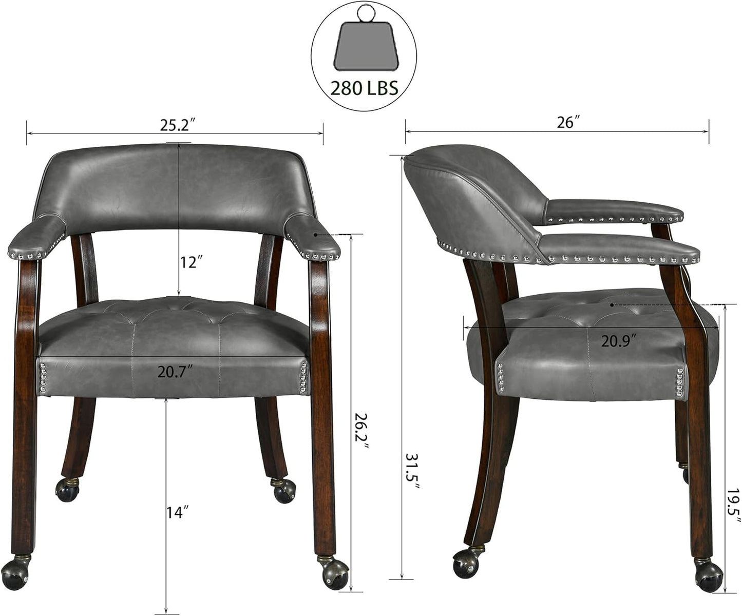 LEEMTORIG Dining Chairs with Casters and Arms, Rolling Dining Chairs with Wheels, Game Poker Table Chairs, Solid Wood Boss Caption's Chairs Office Desk Chairs, Espresso Legs & Dark Grey, XXY-1910-DG