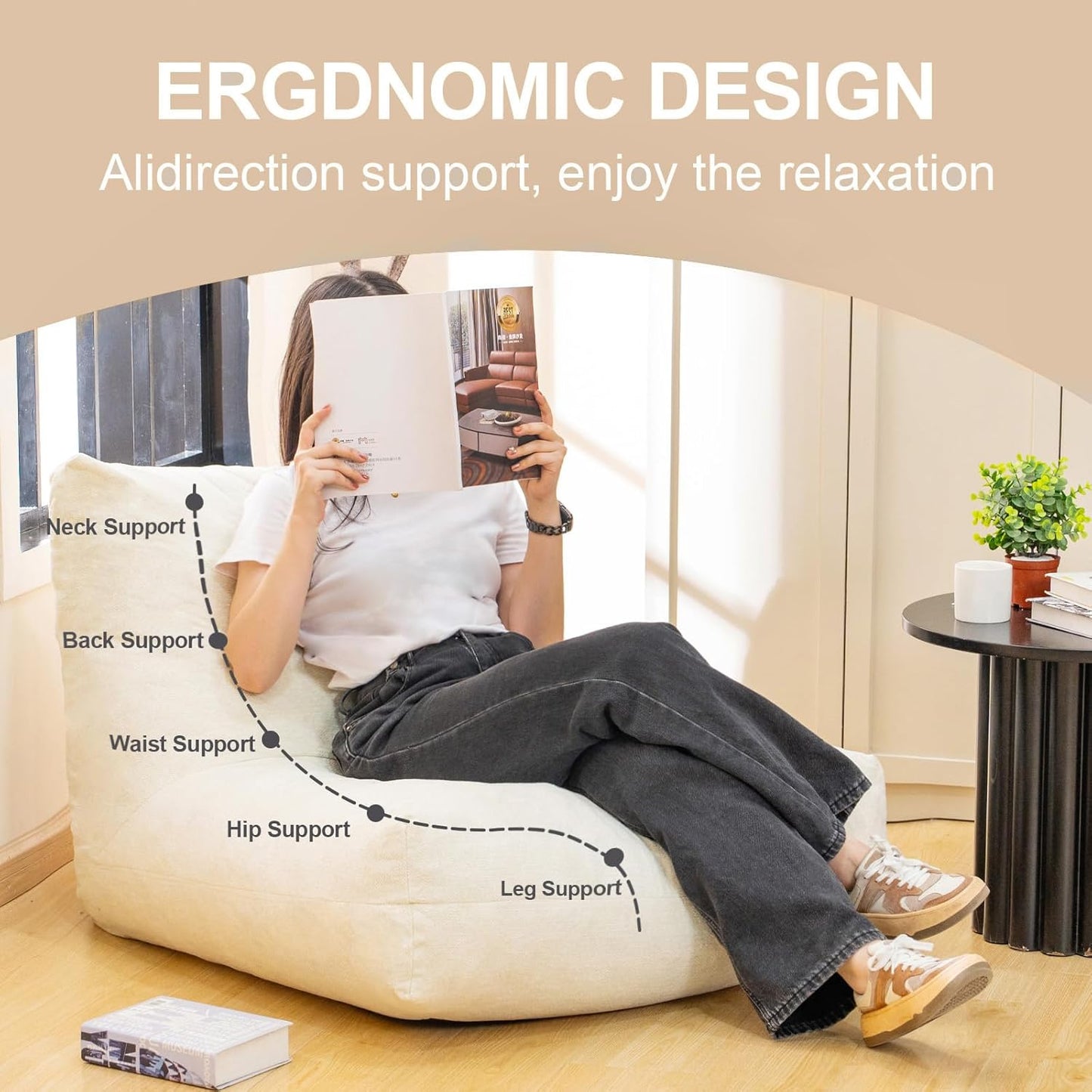 Bean Bag Chairs for Adults, Memory Foam Bean Bag Chair, Spacious Single Sofa, Ergonomic Support Reading Floor Sofa Chair with Filler, Comfy Cozy Beanbag Couch for Bedroom Living Room (Beige)