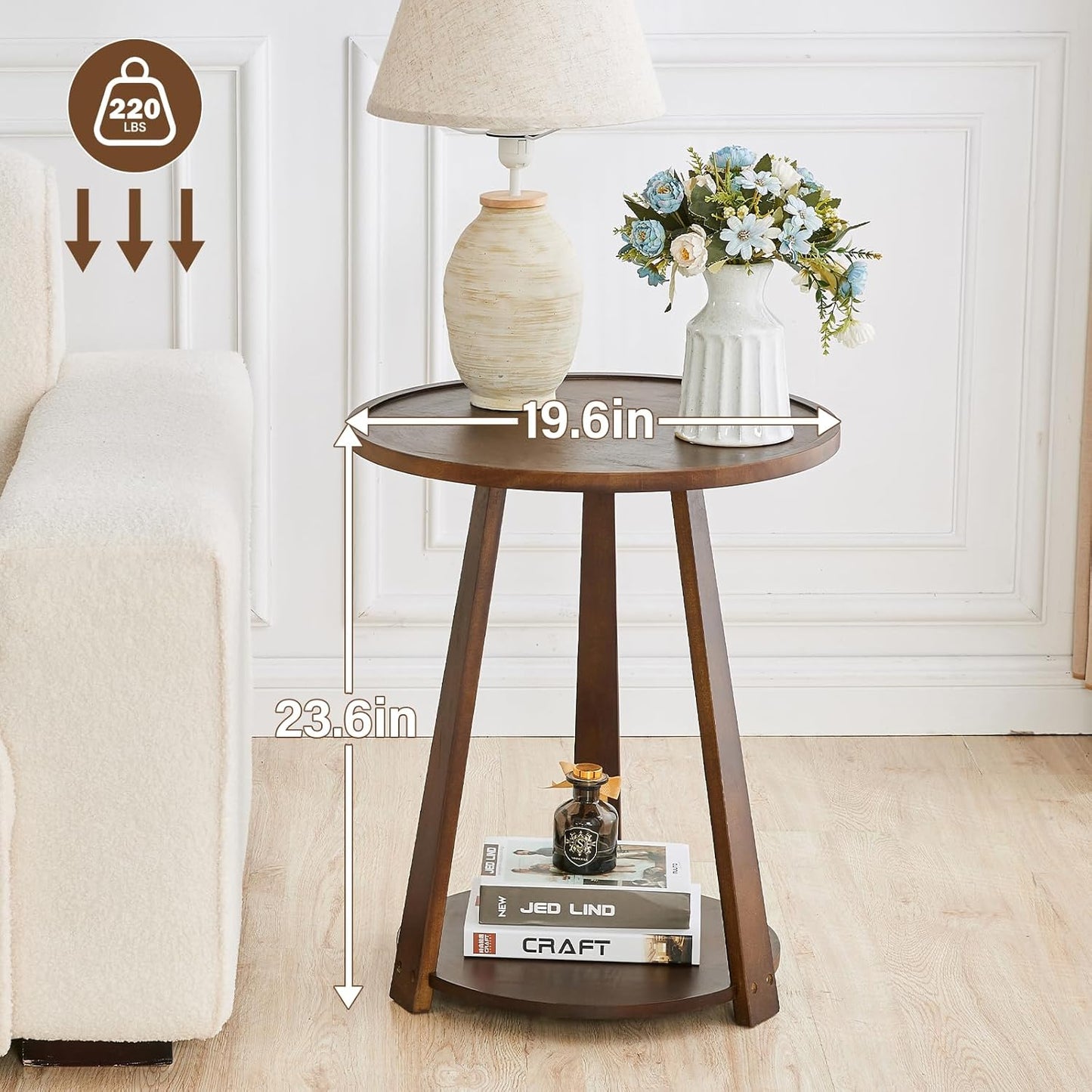 Uniclinens Round End Table, Solid Wood Round Side Coffee Table, Small Bedside Nightstand for Living Room Bedroom, Walnut