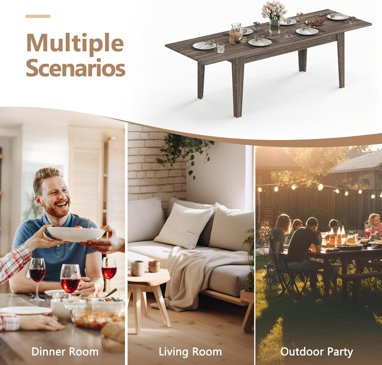 Expandable Dining Table, Large Wood Dining Table for 6-12, 70.87"-106.5" Modern Rectangular Long Kitchen Table with Metal Track for Kitchen, Living Room, Office-Brown