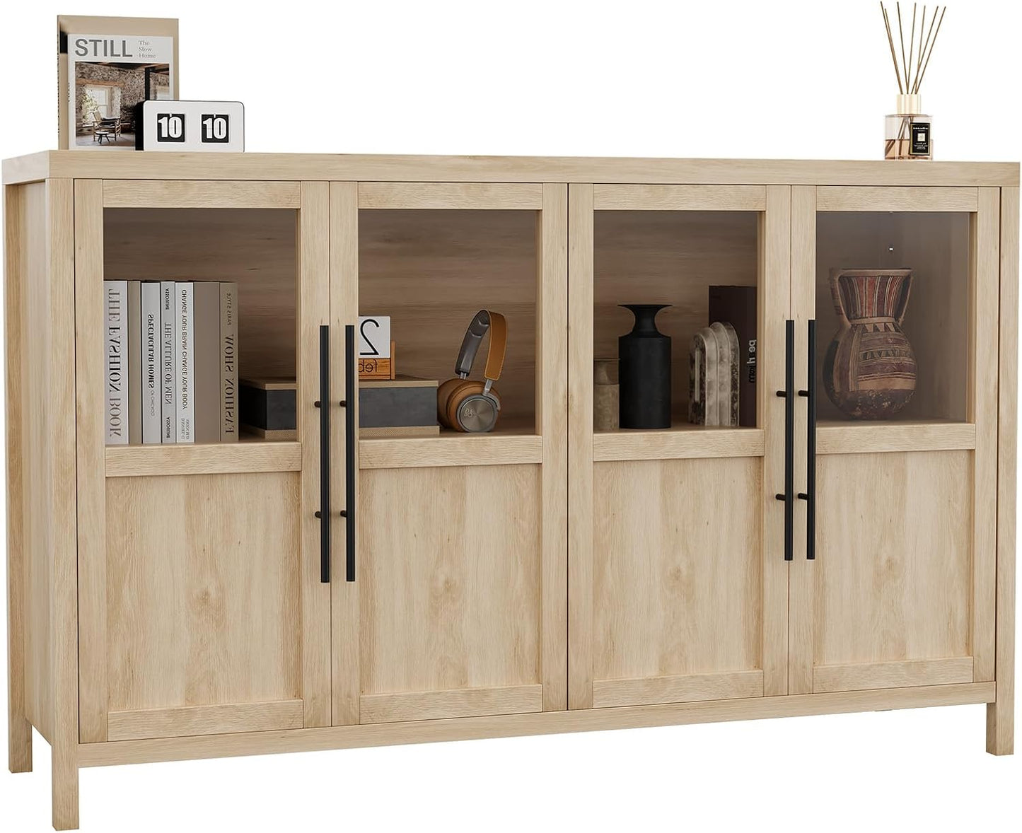 GarveeHome Sideboard Buffet Cabinet with 4 Glass Doors, 55" Buffet Table Coffee Bar Wine Bar Display Cabinet for Kitchen Dining Room, Living Room (Natrual, Glass with 4 Doors)