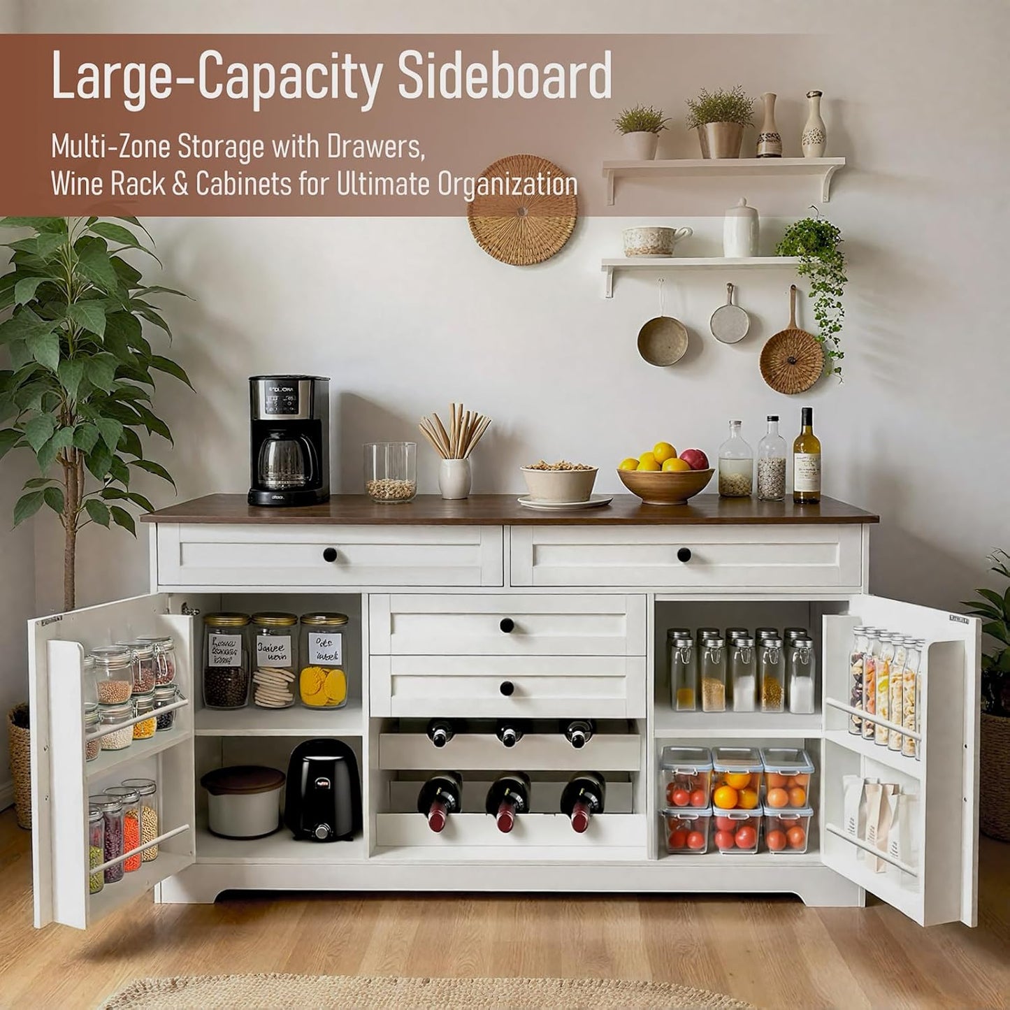 Modern Buffet Cabinet with 4 Drawers, 2 Doors & Adjustable Shelf, Large Sideboard Cabinet with Wine Rack, Kitchen Storage Cabinet for Kitchen, Living Room,Coffee Bar, White