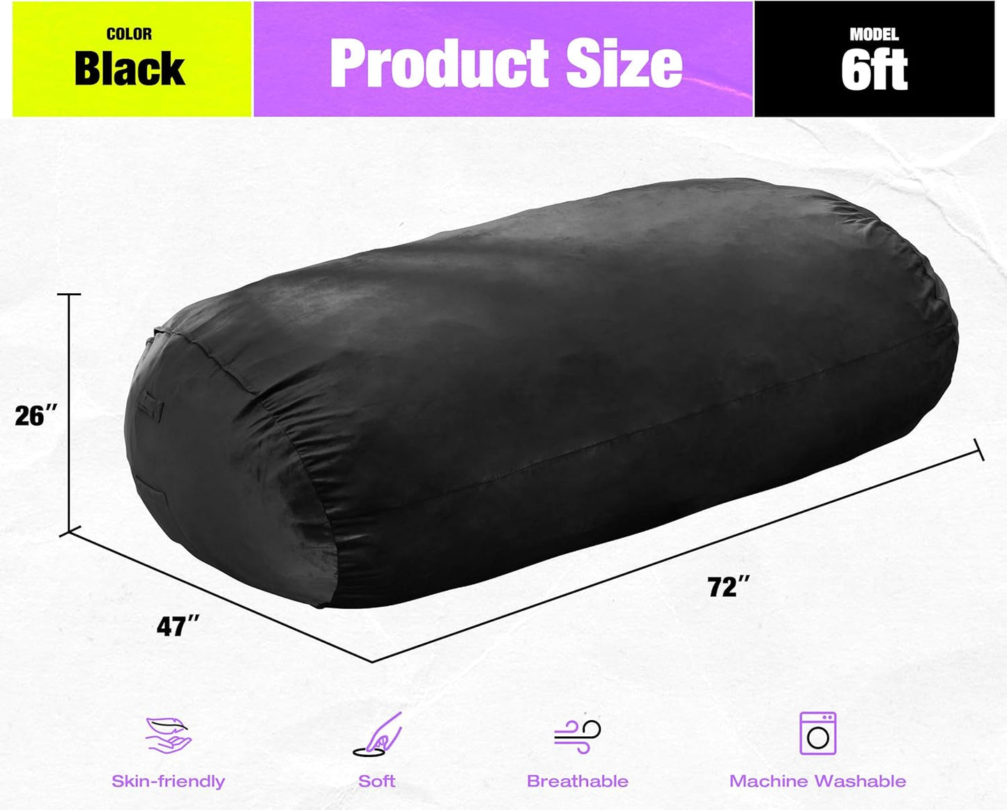 Hobestluk 6FT Bean Bag Chair Large Beanbag Lounger with Removable Cover Adult Bean Bag Chair with Portable Handle Desgin for Living Room Bedroom (Black, 6FT)