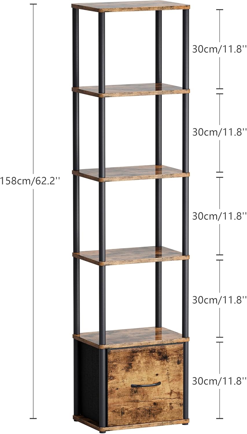 6-Tier Bookshelf with Drawer,Narrow Bookshelves Organizer,Floor Standing Ladder Shelf,Tall Bookcase for Small Space,Book shelf with Storage for Living Room, Bedroom, Office, Study Rustic Brown HBC505R