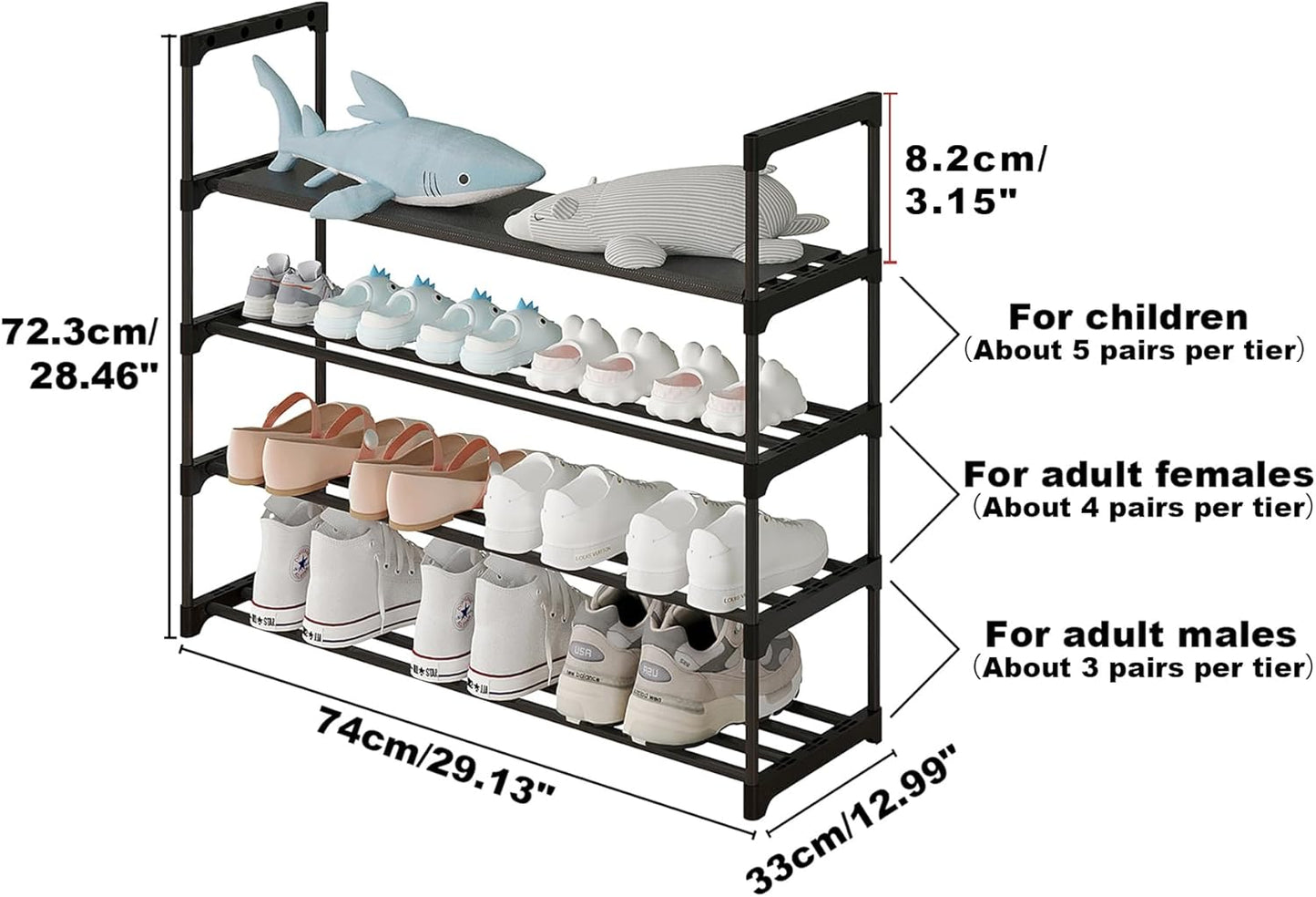 Calmootey 4-Tier Shoe Rack, Tall Large Capacity 20 Pairs Shoes Storage Organizer, Stackable Wide Shoe Shelf for Entryway, Hallway, Black