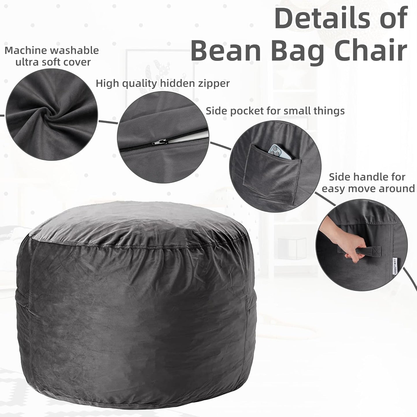 HABUTWAY Bean Bag Chair 3Ft Luxurious Velvet Ultra Soft Fur with High Rebound Memory Foam Bean Bag Chairs for Adults Plush Lazy Sofa with Fluffy Removable Sponge 3' (Grey)