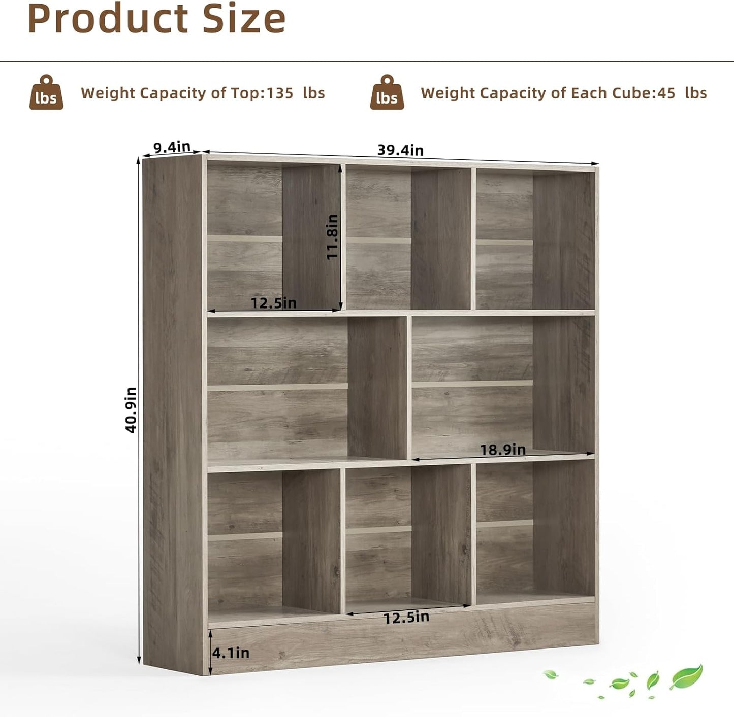 LEYAOYAO 8 Cube Bookshelf with Base,3 Tier Mid-Century Modern Grey Bookcase,Standing Wide Bookshelves Storage Organizer Shelf,Rustic Wood Display Cabinet Book Shelves for Bedroom,Living Room,Office