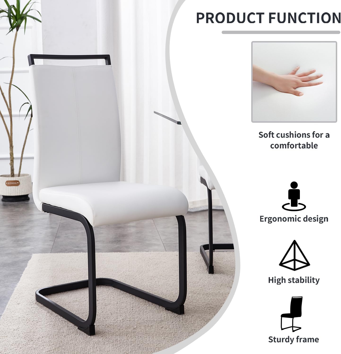 Modern Dining Chairs Set of 6,High Back Kitchen Chairs,Side Room Chair with Black Powder Coating Metal Legs,Easy to Clean Upholstered Dining Chairs,Ideal for Living Room(White Chairs)