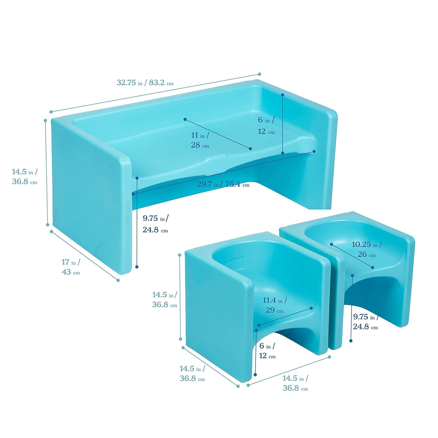 ECR4Kids Tri-Me Table and Cube Chair Set, Multipurpose Furniture, Cyan, 3-Piece