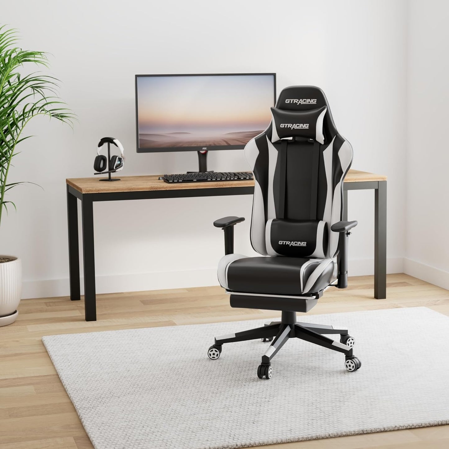 GTRACING Gaming Chair with Footrest, Ergonomic Computer Game Desk Chair, Reclining Gamer Chair Seat Height Adjustment, Swivel Rocker with Headrest and Lumbar (White)