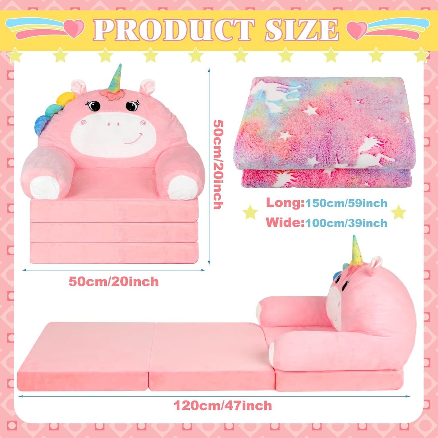 Unicorn Kids Couch Fold Out 2-in-1 Toddler Sofa Fold Out with Blanket, Soft Toddler Chair Comfy for Boys Girls Baby, Convertible Sofa to Lounger for Napping Reading Playing Christmas, Pink